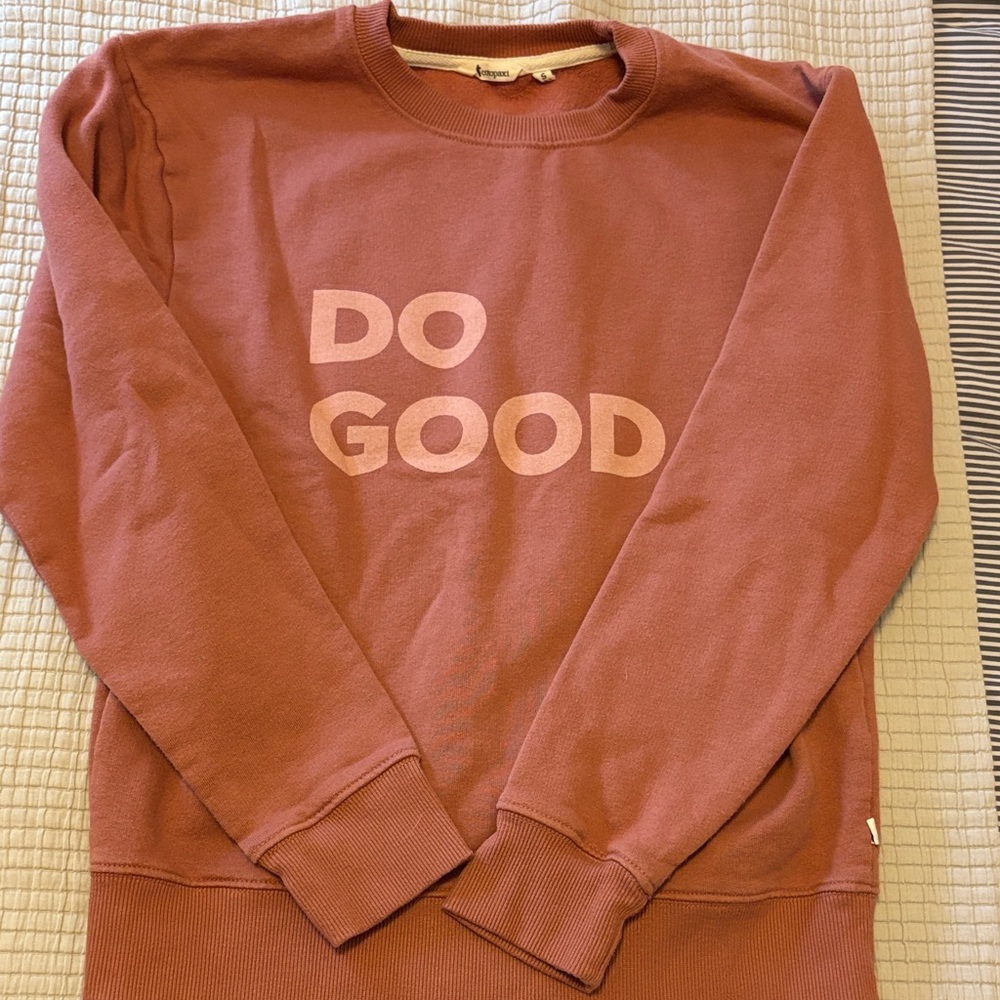 Cotopaxi womens Crewneck Sweater in Rust with 'Do Good' Print